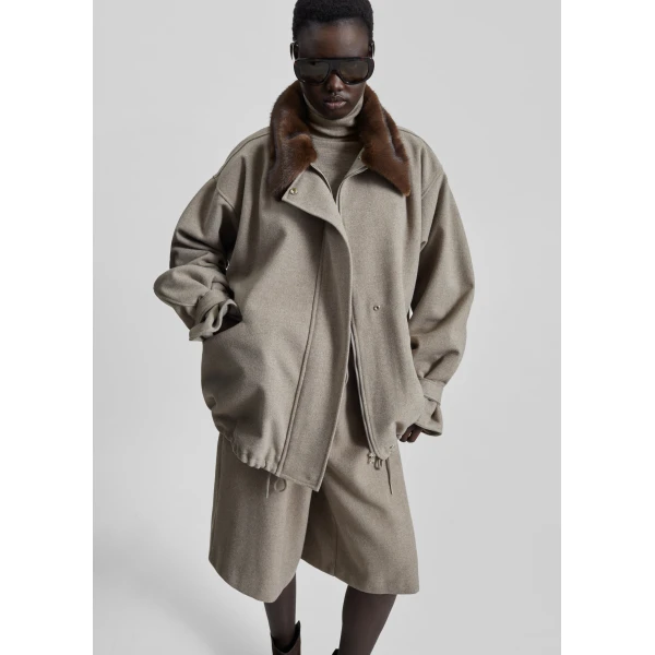 The Frankie Shop Hemavan Faux Fur Lined Jacket - Taupe - Oversized Minimalist Jackets in Brown - Shop at Luxury Shoes 
