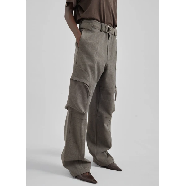 The Frankie Shop Kelly Double Weave Cargo Pants - Taupe Melange - Oversized Minimalist Pants in Brown - Shop at Luxury Shoes 