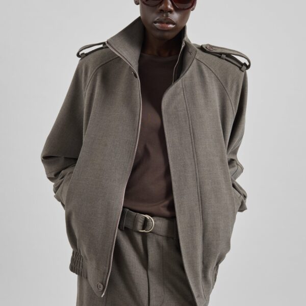 The Frankie Shop Kelly Padded Double Weave Blouson - Taupe Melange - Oversized Minimalist Jackets in Brown - Shop at Luxury Shoes 