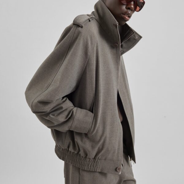 The Frankie Shop Kelly Padded Double Weave Blouson - Taupe Melange - Oversized Minimalist Jackets in Brown - Shop at Luxury Shoes 