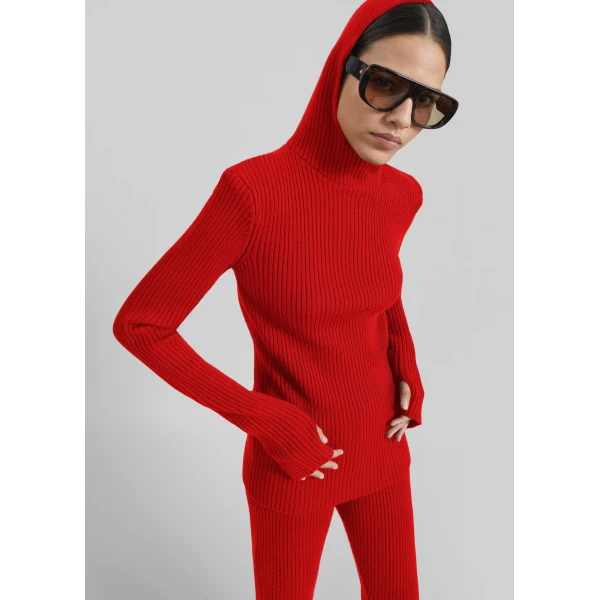 The Frankie Shop Larice Hooded Knit Top - Red - Oversized Minimalist Knitwear in Red - Shop at Luxury Shoes 