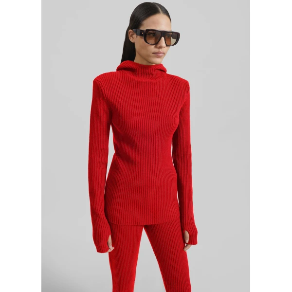 The Frankie Shop Larice Hooded Knit Top - Red - Oversized Minimalist Knitwear in Red - Shop at Luxury Shoes 