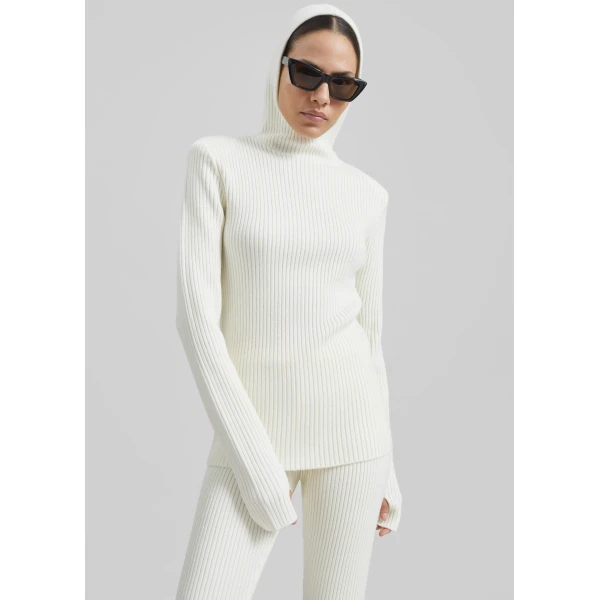 The Frankie Shop Larice Hooded Knit Top - White - Oversized Minimalist Knitwear in White - Shop at Luxury Shoes 
