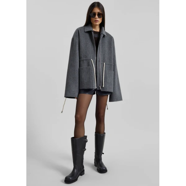 The Frankie Shop Lemvig Wool Drawstring Jacket - Grey - Oversized Minimalist Jackets in Grey - Shop at Luxury Shoes 