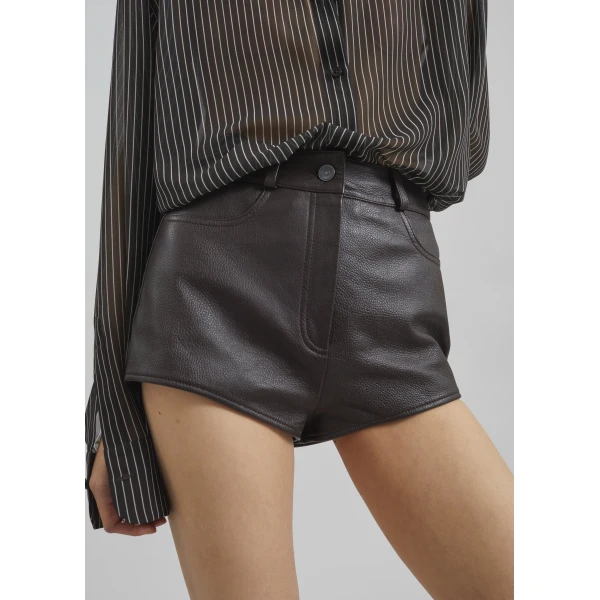 The Frankie Shop Loen Leather Hot Pants - Vintage Brown - Oversized Minimalist Shorts in Brown - Shop at Luxury Shoes 