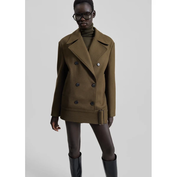 The Frankie Shop Manali Belted Peacoat - Olive Brown - Oversized Minimalist Coats in Green - Shop at Luxury Shoes 