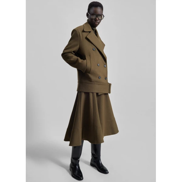The Frankie Shop Manali Belted Peacoat - Olive Brown - Oversized Minimalist Coats in Green - Shop at Luxury Shoes 