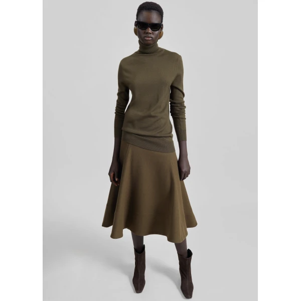 The Frankie Shop Manali Flared Midi Skirt - Olive Brown - Oversized Minimalist Skirts in Green - Shop at Luxury Shoes 