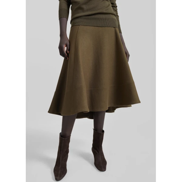The Frankie Shop Manali Flared Midi Skirt - Olive Brown - Oversized Minimalist Skirts in Green - Shop at Luxury Shoes 
