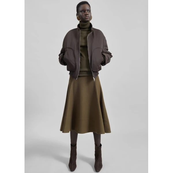 The Frankie Shop Manali Flared Midi Skirt - Olive Brown - Oversized Minimalist Skirts in Green - Shop at Luxury Shoes 