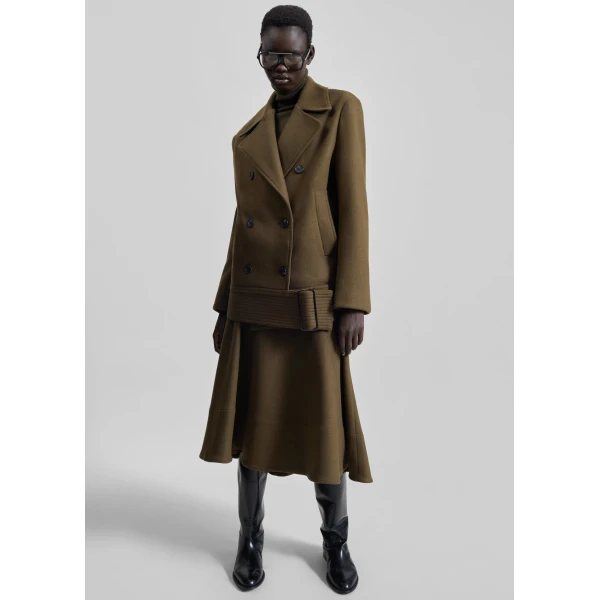 The Frankie Shop Manali Flared Midi Skirt - Olive Brown - Oversized Minimalist Skirts in Green - Shop at Luxury Shoes 