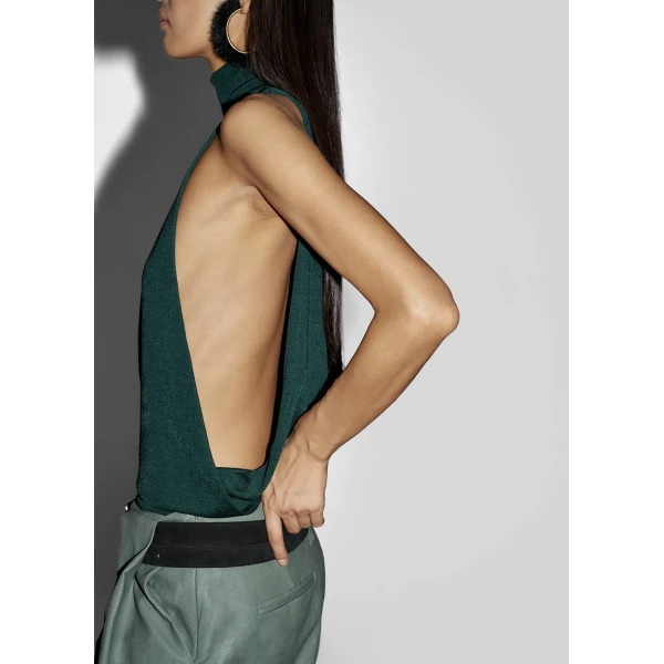 The Frankie Shop Maxen Mock Neck Bodysuit - Deep Green - Oversized Minimalist Knitwear in Green - Shop at Luxury Shoes 