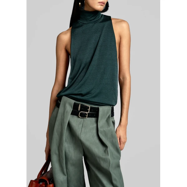 The Frankie Shop Maxen Mock Neck Bodysuit - Deep Green - Oversized Minimalist Knitwear in Green - Shop at Luxury Shoes 