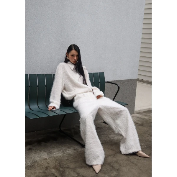 The Frankie Shop Melker Furry Pants - Off White - Oversized Minimalist Pants in White - Shop at Luxury Shoes 