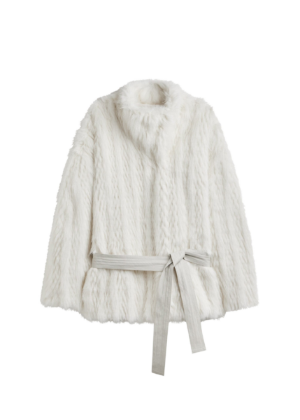 The Frankie Shop Mortisa Faux Fur Belted Short Coat - Off White - Oversized Minimalist Coats in White - Shop at Luxury Shoes 
