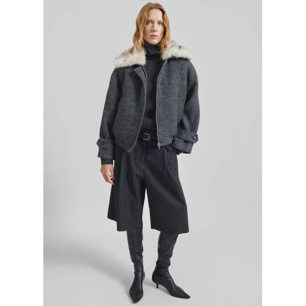 The Frankie Shop Nyborg Wool Quilted Jacket - Dark Grey - Oversized Minimalist Jackets in Grey - Shop at Luxury Shoes 
