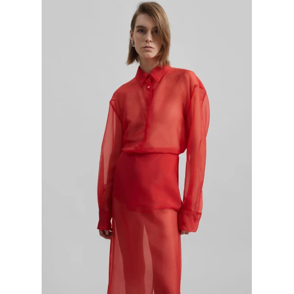 The Frankie Shop Peri Sheer Shirt - Red - Oversized Minimalist Tops in Red - Shop at Luxury Shoes 