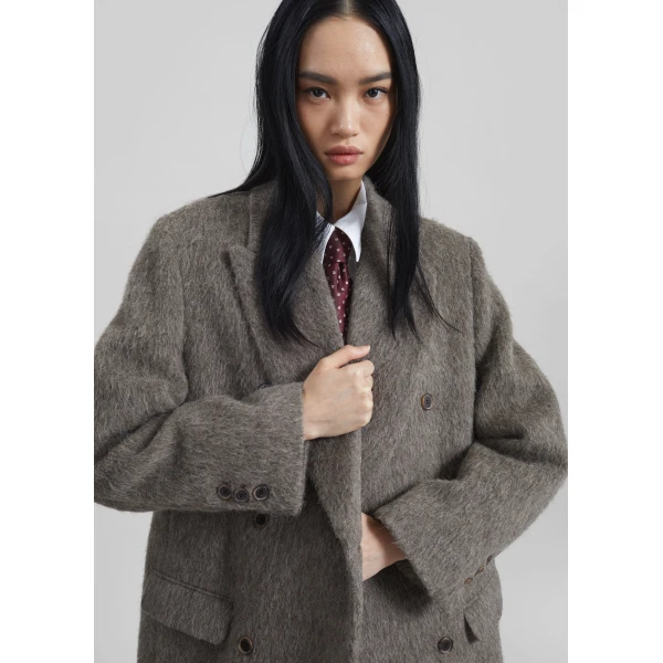 The Frankie Shop Sormark Brushed Wool Coat - Taupe - Oversized Minimalist Coats in Brown - Shop at Luxury Shoes 
