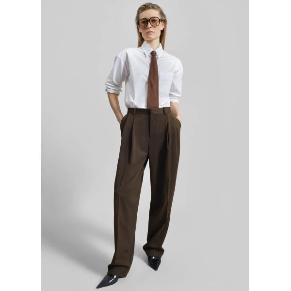 The Frankie Shop Vester Pleated Trousers - Brown - Oversized Minimalist Pants in Brown - Shop at Luxury Shoes 