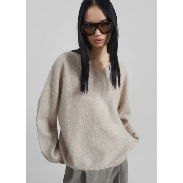 The Frankie Shop Vilhena Wool Fuzzy V-Neck Sweater - Beige - Oversized Minimalist Knitwear in Beige - Shop at Luxury Shoes 
