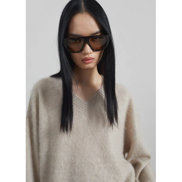 The Frankie Shop Vilhena Wool Fuzzy V-Neck Sweater - Beige - Oversized Minimalist Knitwear in Beige - Shop at Luxury Shoes 