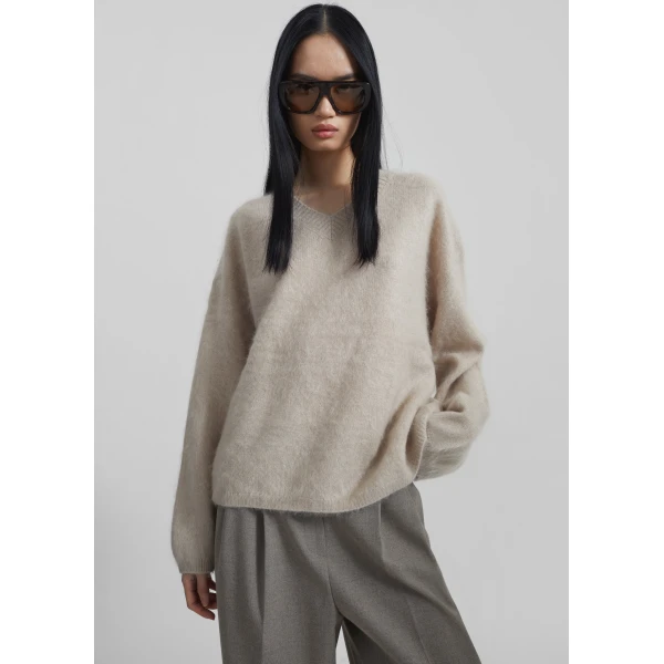 The Frankie Shop Vilhena Wool Fuzzy V-Neck Sweater - Beige - Oversized Minimalist Knitwear in Beige - Shop at Luxury Shoes 