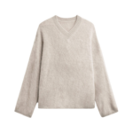The Frankie Shop Vilhena Wool Fuzzy V-Neck Sweater - Beige - Oversized Minimalist Knitwear in Beige - Shop at Luxury Shoes 