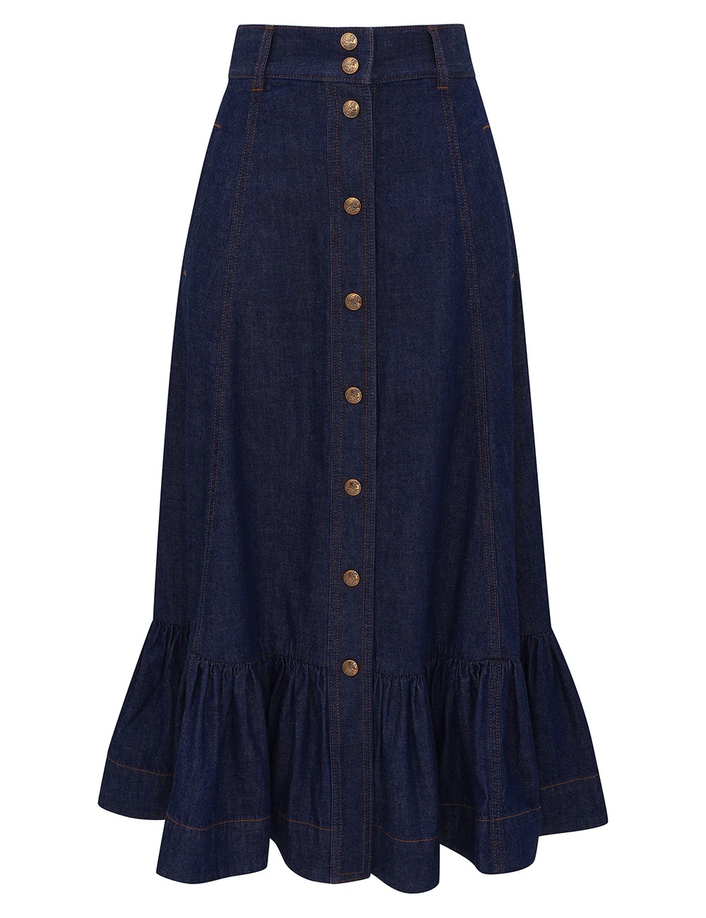 Zimmermann Aster Denim Frill Midi Skirt | Ready to Wear Collection Luxury Shoes Elevate your elegance in this Zimmermann Skirts available now at Luxury Shoes
