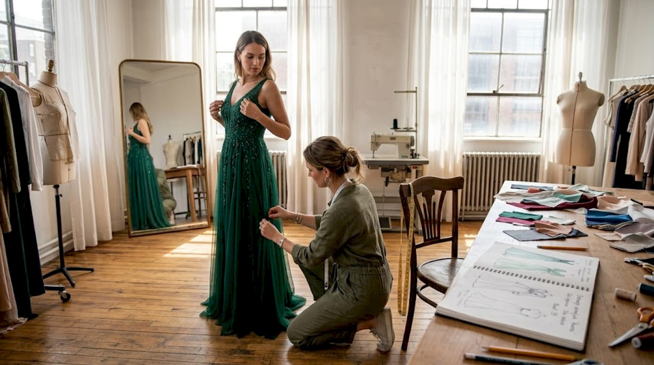 In een druk modeatelier werkt de ontwerper geconcentreerd aan het perfectioneren van een jurk.