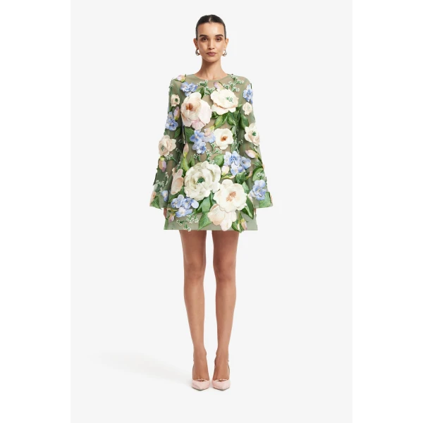 Leo Lin Suzanne Floral Hand-Embroidered Bell Sleeve Mini Dress - Leo Lin Dress - Australian Luxury Fashion - Shop at Luxury Shoes 