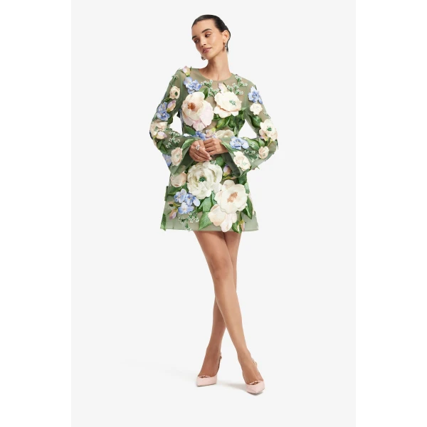 Leo Lin Suzanne Floral Hand-Embroidered Bell Sleeve Mini Dress - Leo Lin Dress - Australian Luxury Fashion - Shop at Luxury Shoes 