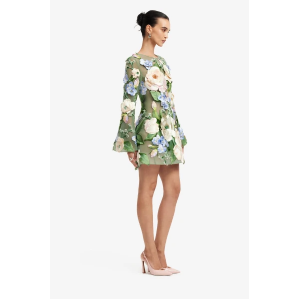 Leo Lin Suzanne Floral Hand-Embroidered Bell Sleeve Mini Dress - Leo Lin Dress - Australian Luxury Fashion - Shop at Luxury Shoes 