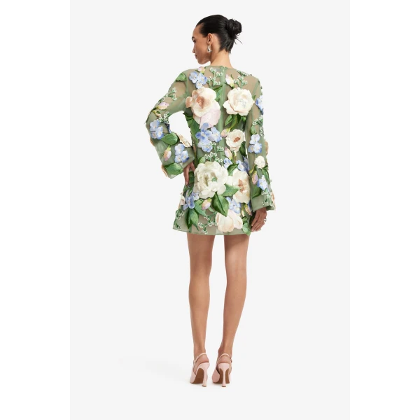 Leo Lin Suzanne Floral Hand-Embroidered Bell Sleeve Mini Dress - Leo Lin Dress - Australian Luxury Fashion - Shop at Luxury Shoes 