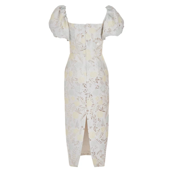 Markarian Yvette Ivory Metallic Brocade Puff Sleeve Dress - Dresses - New York Luxury Occasion Wear at Luxury Shoes 