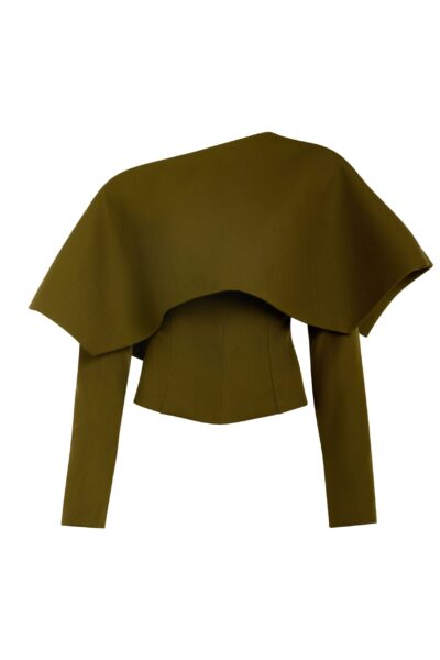 A.W.A.K.E. MODE Back To Front Asymmetric Oversized Collar Top Khaki Green - Tops - Conceptual Avant-Garde Fashion at Luxury Shoes 
