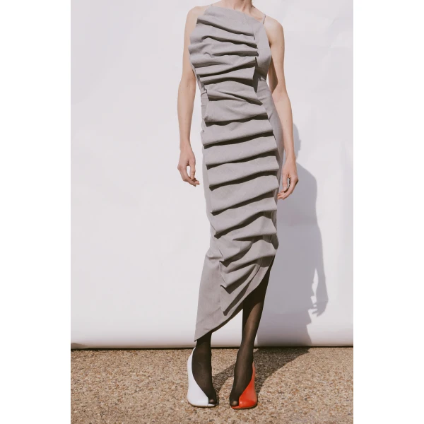 A.W.A.K.E. MODE Bib-Front Structured Dress With Open Back Light Grey Melange - Dresses - Conceptual Avant-Garde Fashion at Luxury Shoes 