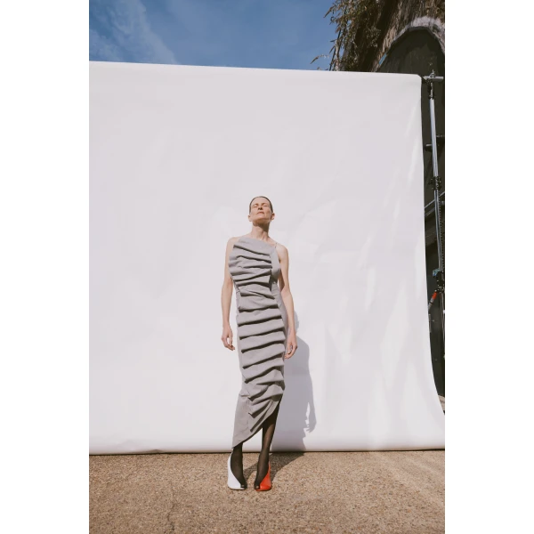 A.W.A.K.E. MODE Bib-Front Structured Dress With Open Back Light Grey Melange - Dresses - Conceptual Avant-Garde Fashion at Luxury Shoes 
