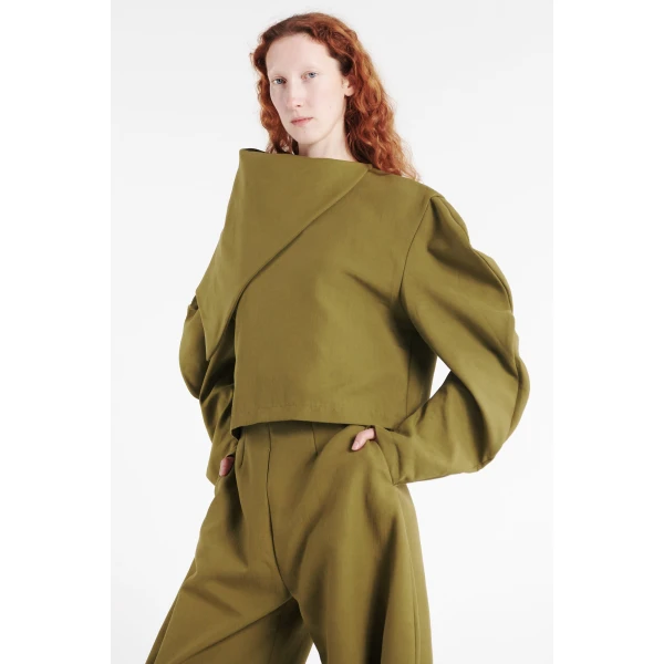 A.W.A.K.E. MODE Draped Collar Top Khaki Green - Tops - Conceptual Avant-Garde Fashion at Luxury Shoes 