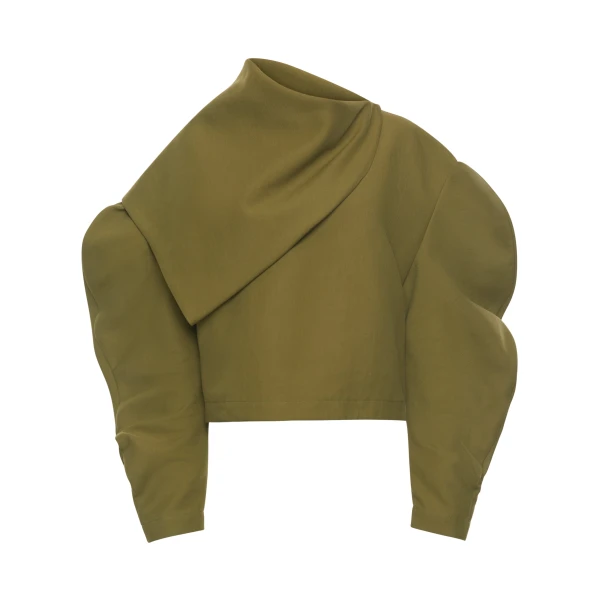 A.W.A.K.E. MODE Draped Collar Top Khaki Green - Tops - Conceptual Avant-Garde Fashion at Luxury Shoes 