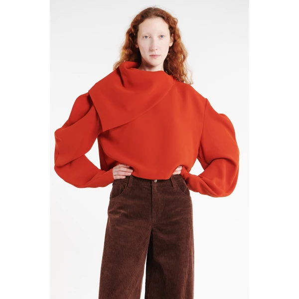 A.W.A.K.E. MODE Draped Collar Top Terracotta - Tops - Conceptual Avant-Garde Fashion at Luxury Shoes 