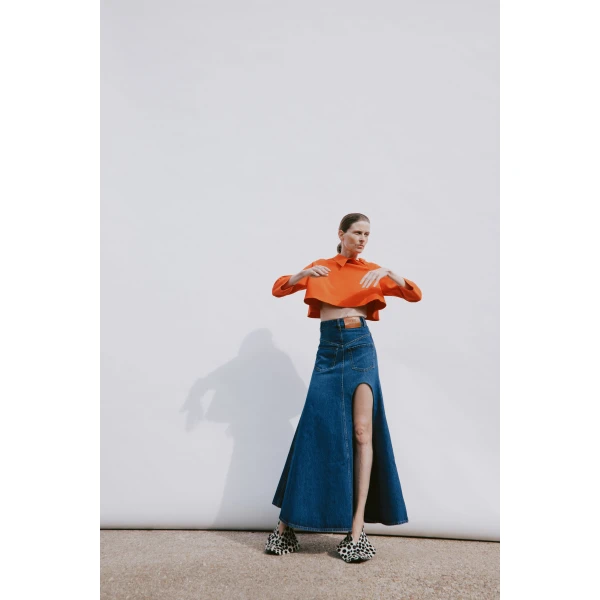 A.W.A.K.E. MODE Flared Back To Front Skirt With Cut Out Classic Blue Wash - Skirts - Conceptual Avant-Garde Fashion at Luxury Shoes 