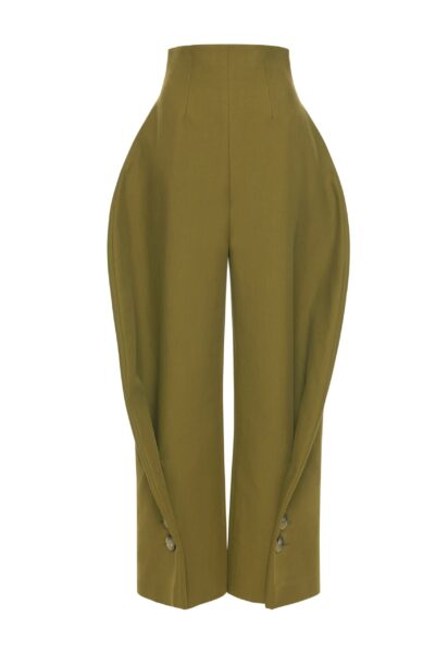 A.W.A.K.E. MODE High Rise Rounded Pant Khaki Green - Pants - Conceptual Avant-Garde Fashion at Luxury Shoes 