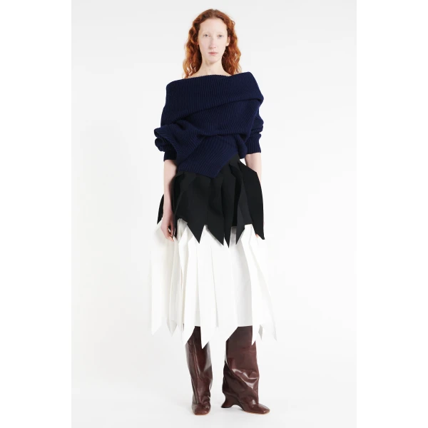 A.W.A.K.E. MODE Off Shoulder Ribbed Sweater Navy - Knitwear - Conceptual Avant-Garde Fashion at Luxury Shoes 