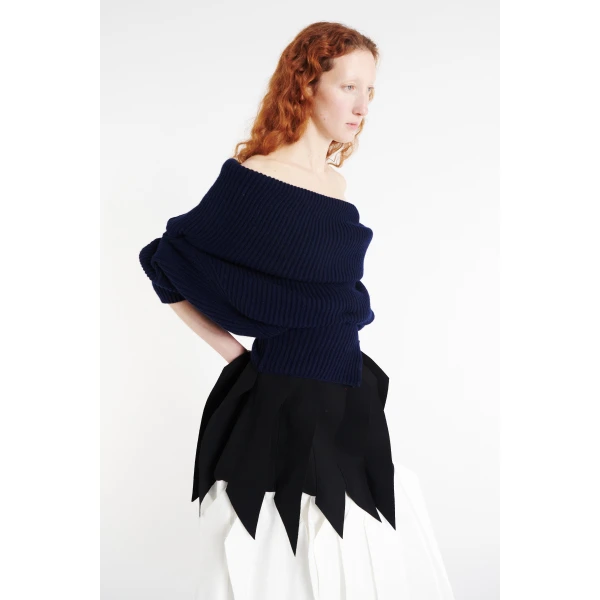 A.W.A.K.E. MODE Off Shoulder Ribbed Sweater Navy - Knitwear - Conceptual Avant-Garde Fashion at Luxury Shoes 