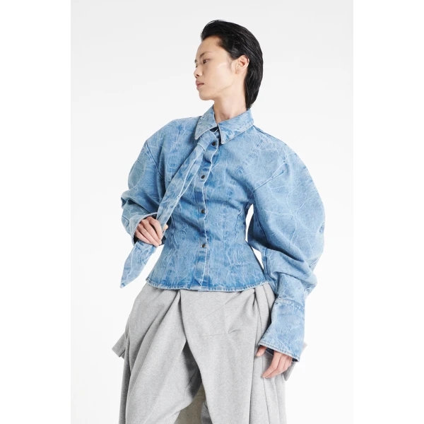 A.W.A.K.E. MODE Puff Sleeve Shirt Indigo Acid Wash - Tops - Conceptual Avant-Garde Fashion at Luxury Shoes 