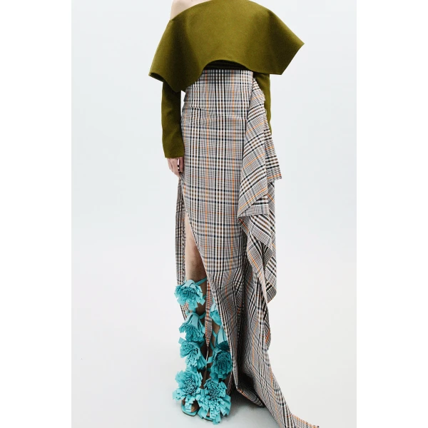 A.W.A.K.E. MODE Side Panel Pencil Skirt Brown Check - Skirts - Conceptual Avant-Garde Fashion at Luxury Shoes 