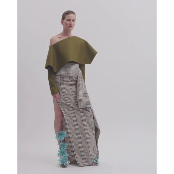 A.W.A.K.E. MODE Side Panel Pencil Skirt Brown Check - Skirts - Conceptual Avant-Garde Fashion at Luxury Shoes 