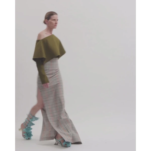 A.W.A.K.E. MODE Side Panel Pencil Skirt Brown Check - Skirts - Conceptual Avant-Garde Fashion at Luxury Shoes 