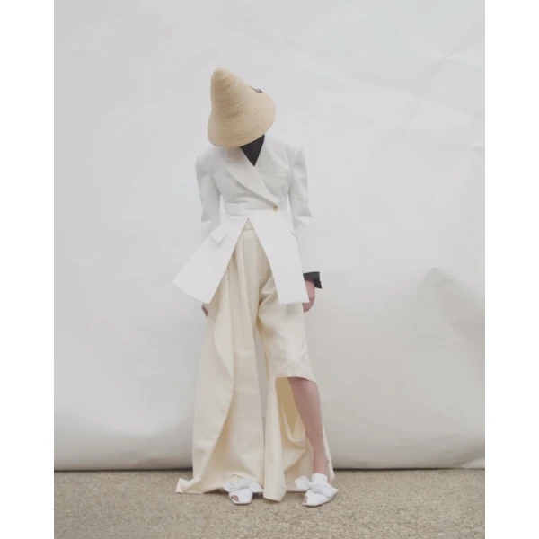 A.W.A.K.E. MODE Slit Knee Trousers Ivory - Pants - Conceptual Avant-Garde Fashion at Luxury Shoes 