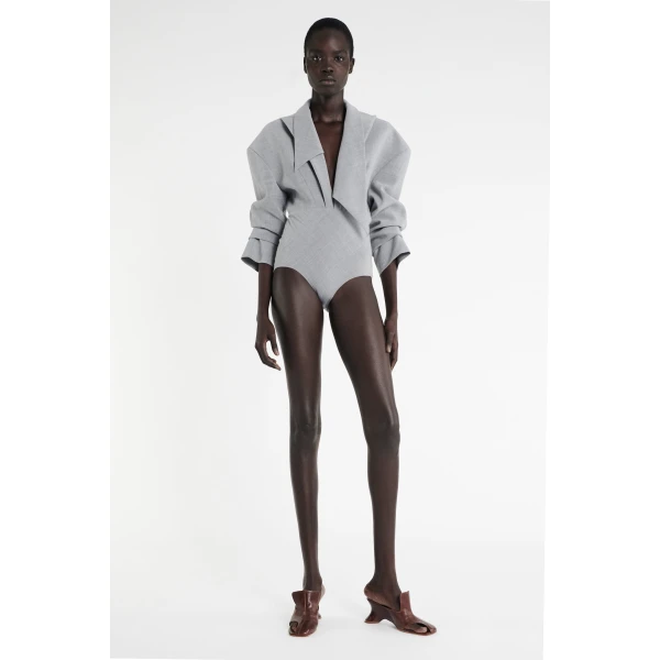 A.W.A.K.E. MODE Tailored Bodysuit With Shirt Collar Insert Grey Melange - Bodysuit - Conceptual Avant-Garde Fashion at Luxury Shoes 